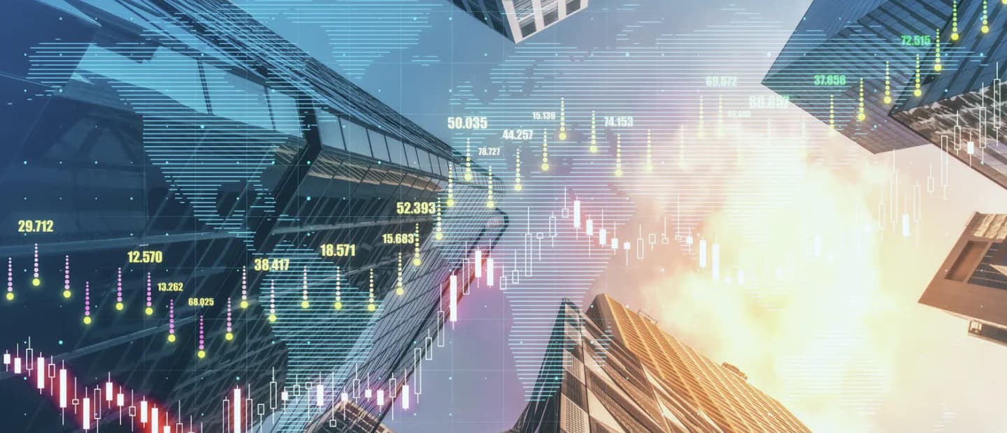 Financial data overlaid on a city skyline